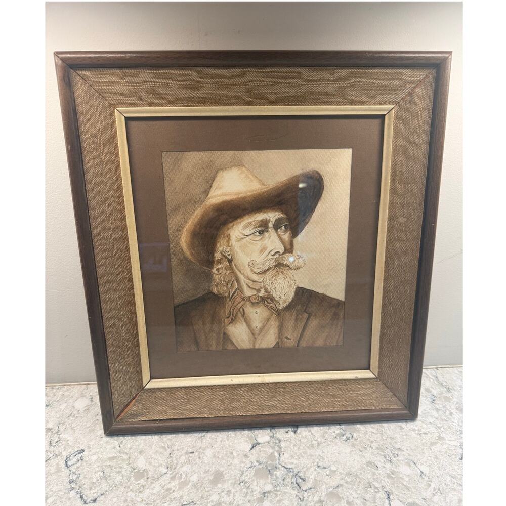 Pastel Etching Portrait of Buffalo Bill (William F. Cody) Framed Sepia 16X15"